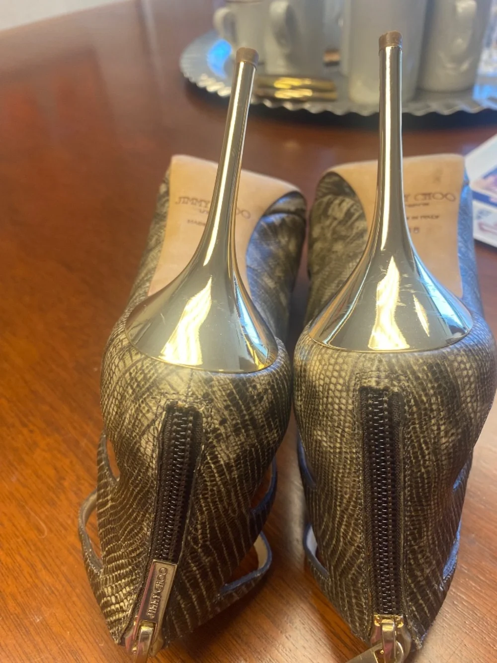 Jimmy Choo Leda Metallic Bronze Lizard Embossed Cage Sandals – Size 38 – Made in